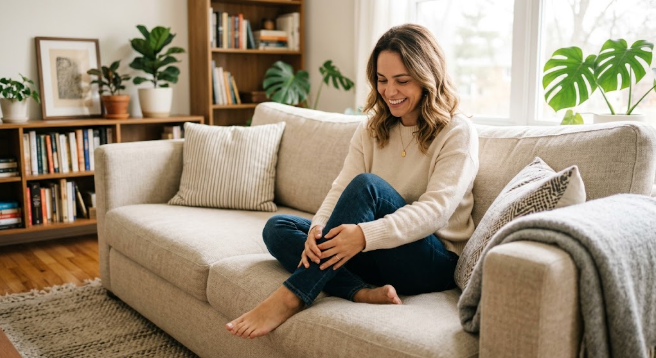 Woman resting on a couch holding her lower leg